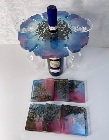 Peacock Ore & Pyrite Wine Caddy + Coaster Set